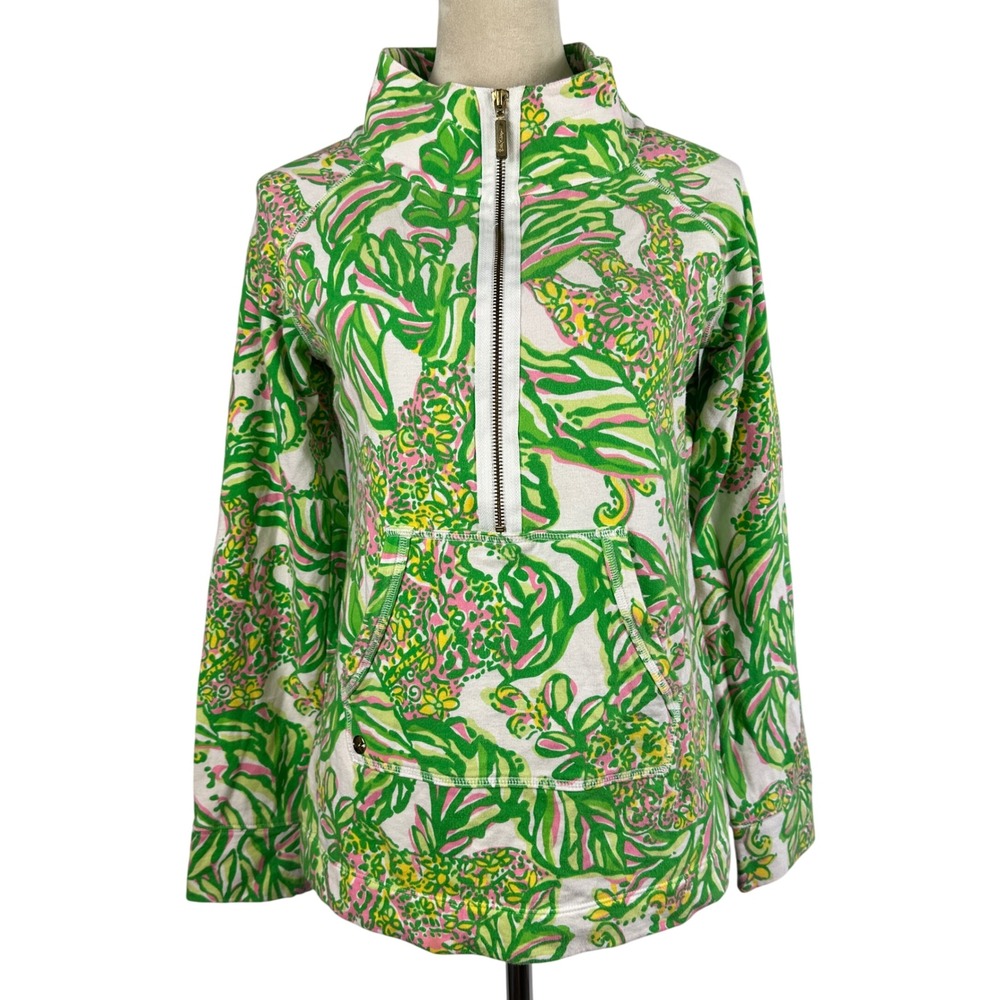 Lilly Pulitzer Women Small Sweatshirt Quarter Zip Pullover Green Floral Print
